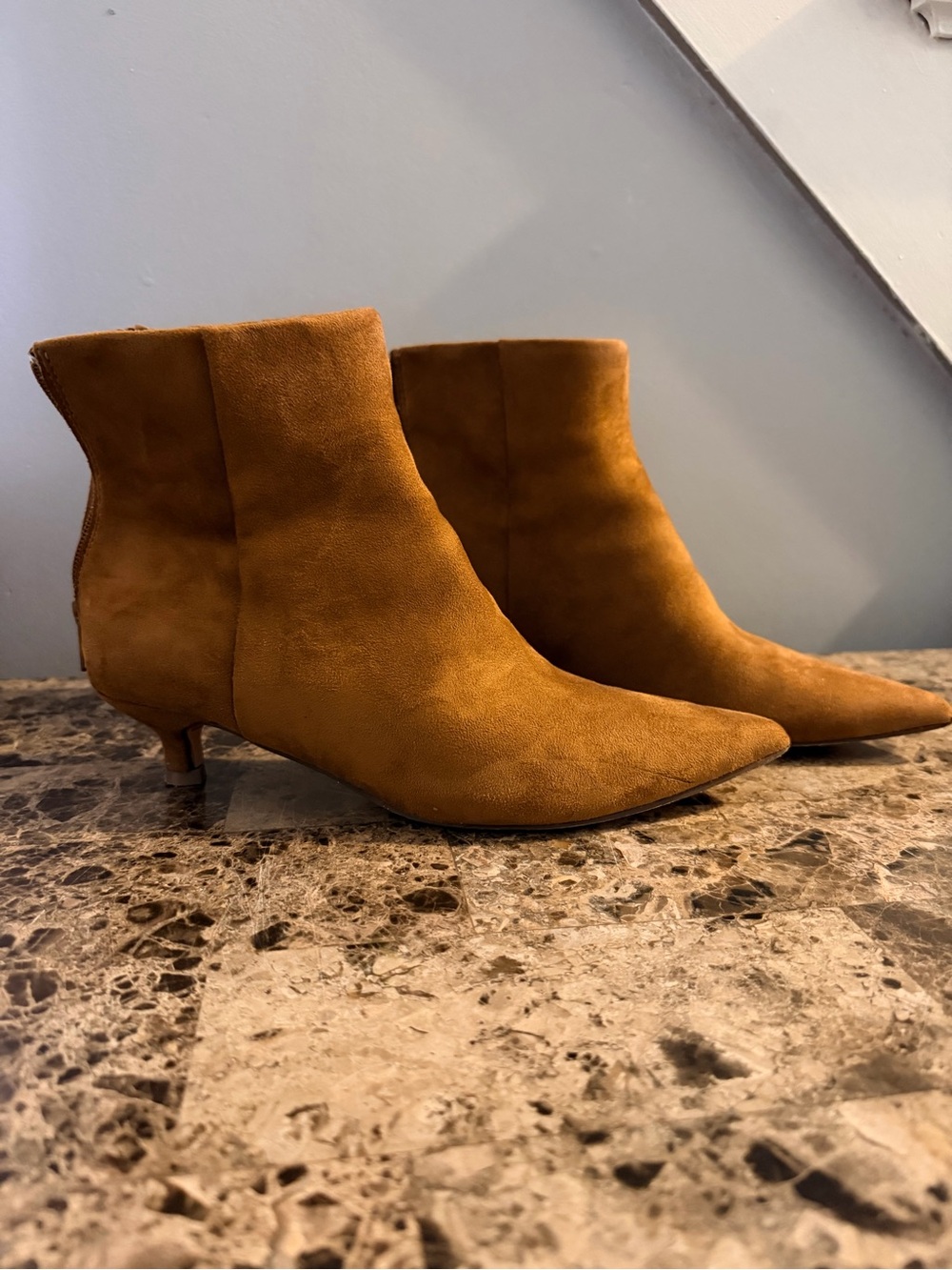 Tahari Suede Pointed-Toe Ankle Booties in Tan